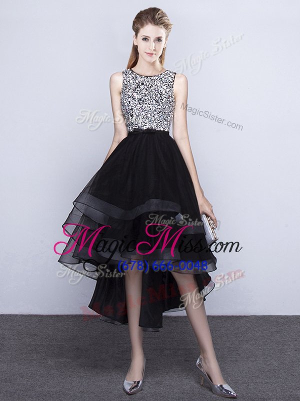 wholesale custom made scoop backless black sleeveless beading high low homecoming dress