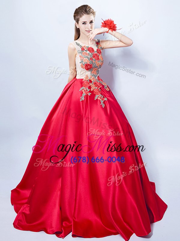 wholesale exceptional red scoop neckline appliques military ball gown sleeveless lace up