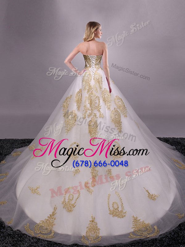 wholesale enchanting sleeveless with train appliques lace up vestidos de quinceanera with white brush train