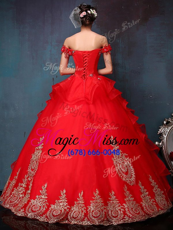 wholesale high quality off the shoulder sleeveless lace up sweet 16 quinceanera dress red tulle