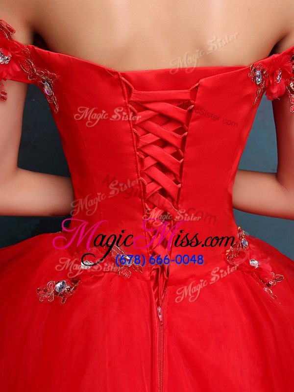 wholesale high quality off the shoulder sleeveless lace up sweet 16 quinceanera dress red tulle