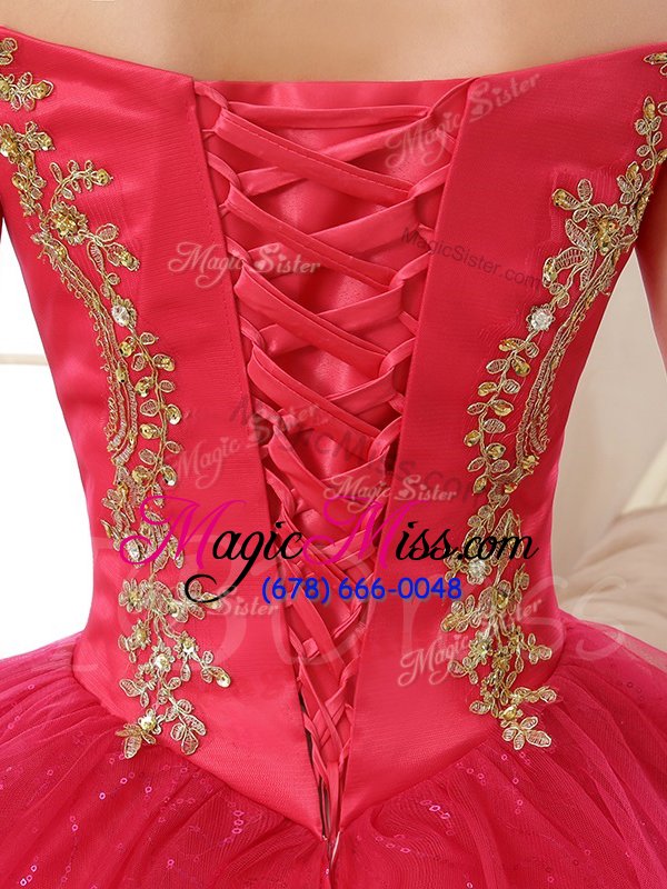 wholesale custom made red 15 quinceanera dress military ball and sweet 16 and quinceanera and for with appliques and sequins off the shoulder sleeveless lace up