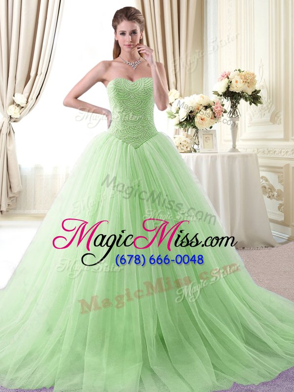 wholesale with train apple green ball gown prom dress sweetheart sleeveless brush train lace up