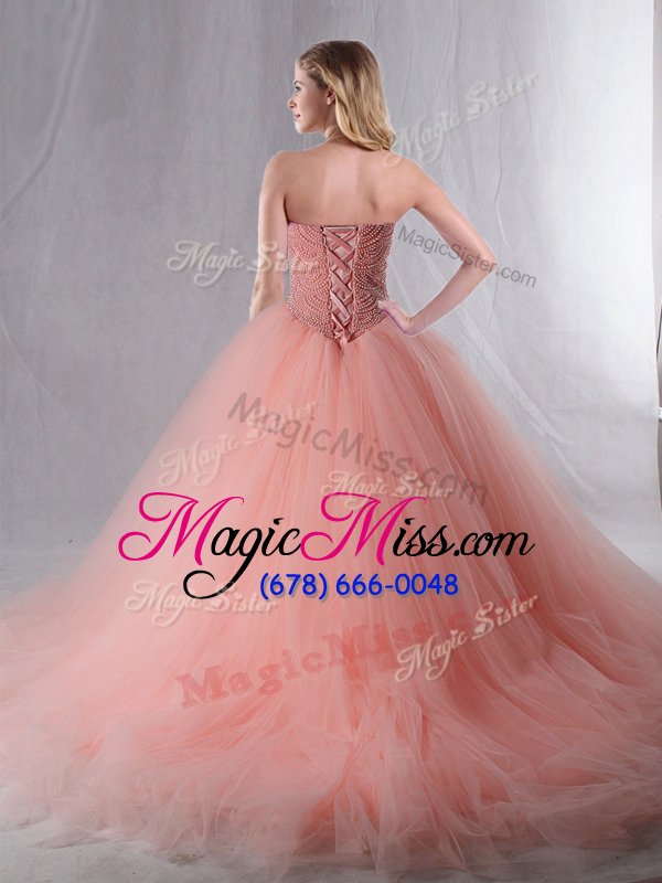 wholesale hot selling fuchsia sleeveless tulle brush train lace up sweet 16 dresses for military ball and sweet 16 and quinceanera