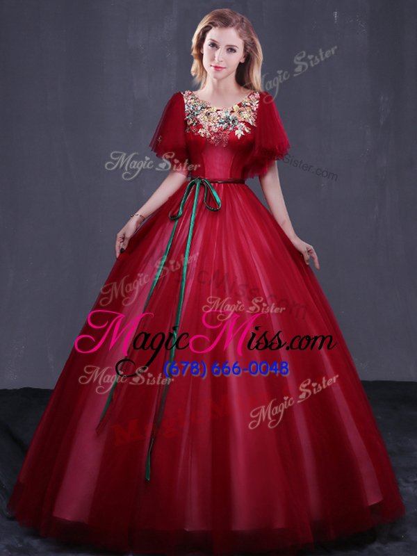 wholesale charming scoop floor length ball gowns short sleeves wine red quinceanera gown lace up