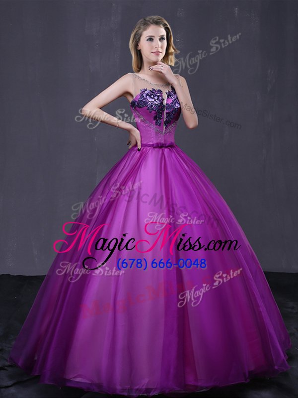 wholesale comfortable purple ball gowns scoop sleeveless tulle floor length lace up beading and appliques sweet 16 dress