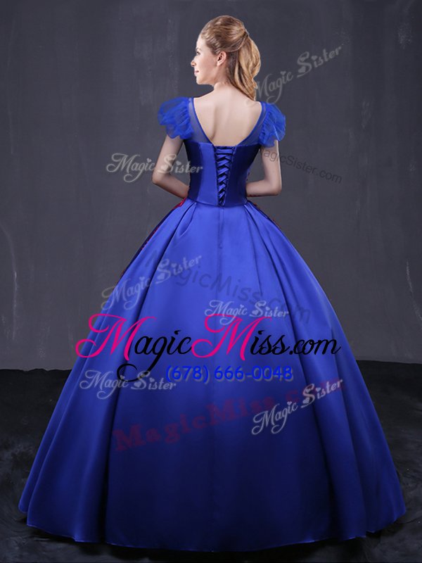 wholesale modest royal blue cap sleeves satin lace up quinceanera dresses for military ball and sweet 16 and quinceanera