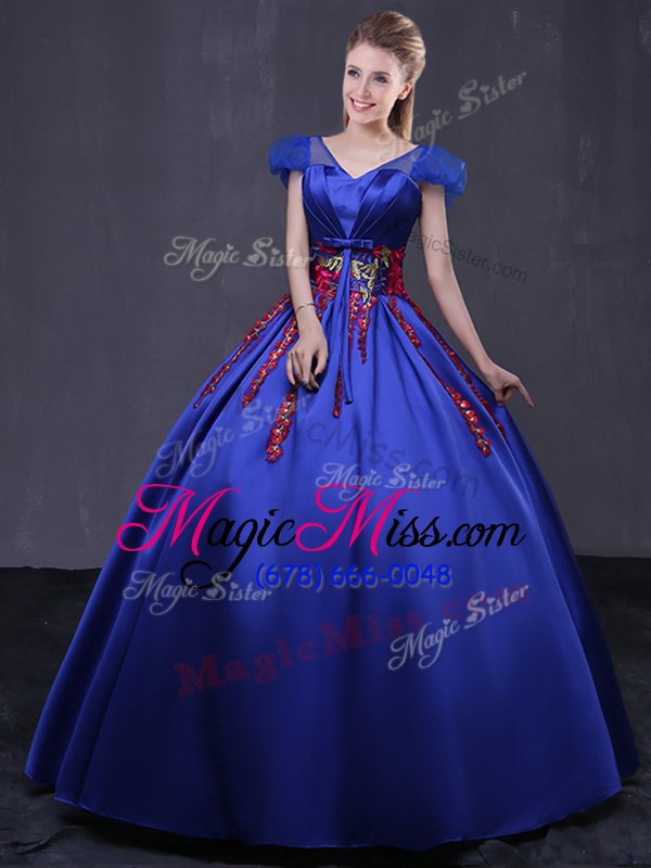 wholesale modest royal blue cap sleeves satin lace up quinceanera dresses for military ball and sweet 16 and quinceanera