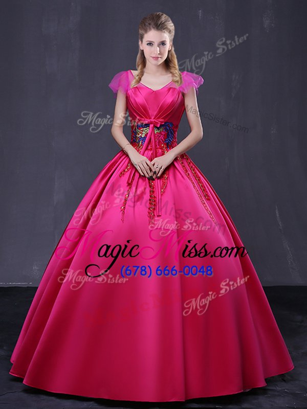 wholesale stunning cap sleeves satin floor length lace up sweet 16 quinceanera dress in hot pink for with appliques