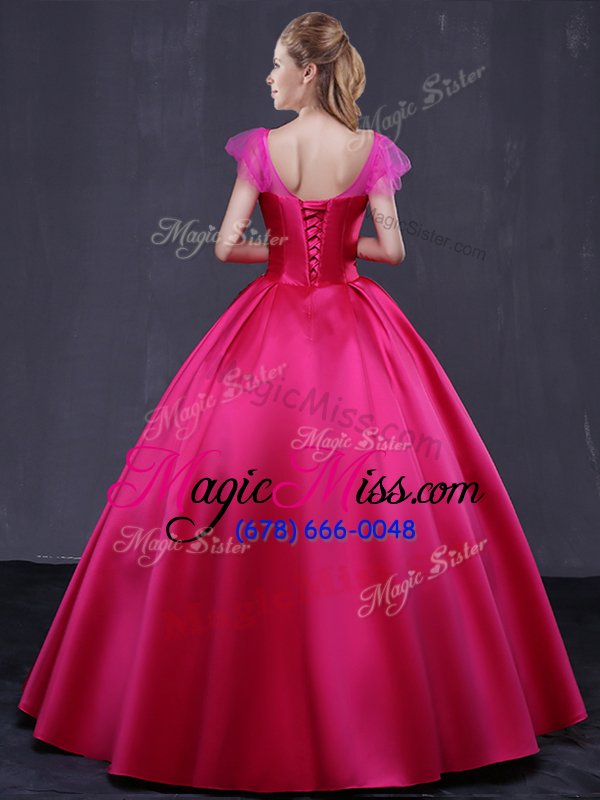 wholesale stunning cap sleeves satin floor length lace up sweet 16 quinceanera dress in hot pink for with appliques