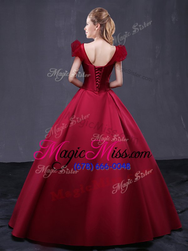 wholesale custom made wine red lace up v-neck appliques 15th birthday dress satin cap sleeves