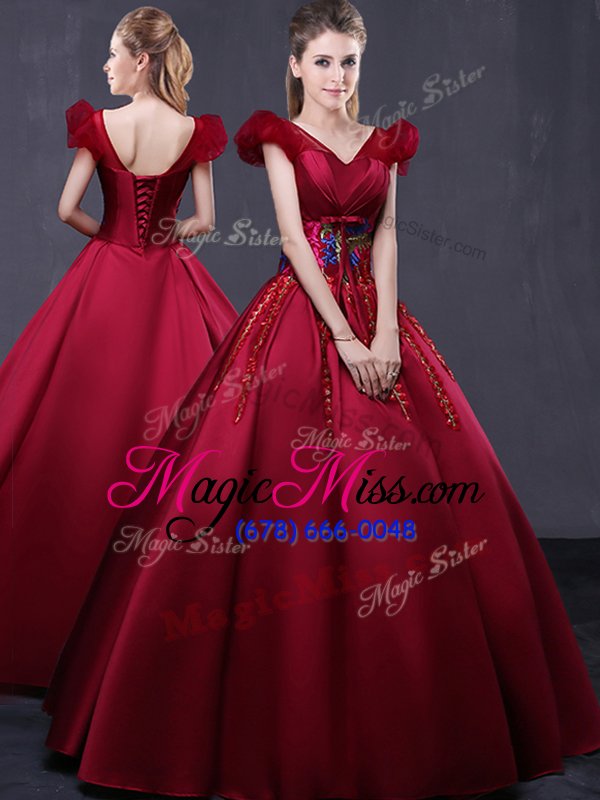 wholesale custom made wine red lace up v-neck appliques 15th birthday dress satin cap sleeves