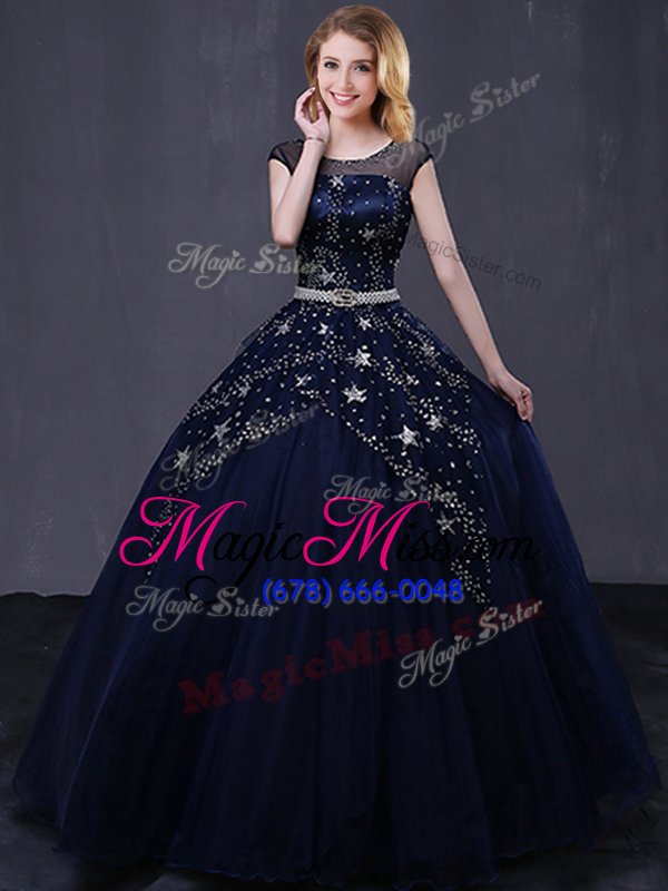 wholesale inexpensive scoop beading and belt quinceanera dresses black lace up cap sleeves floor length