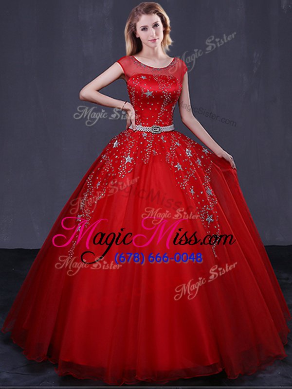 wholesale romantic red scoop lace up beading and belt quinceanera dress cap sleeves