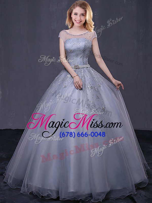 wholesale luxury scoop cap sleeves lace up ball gown prom dress grey tulle