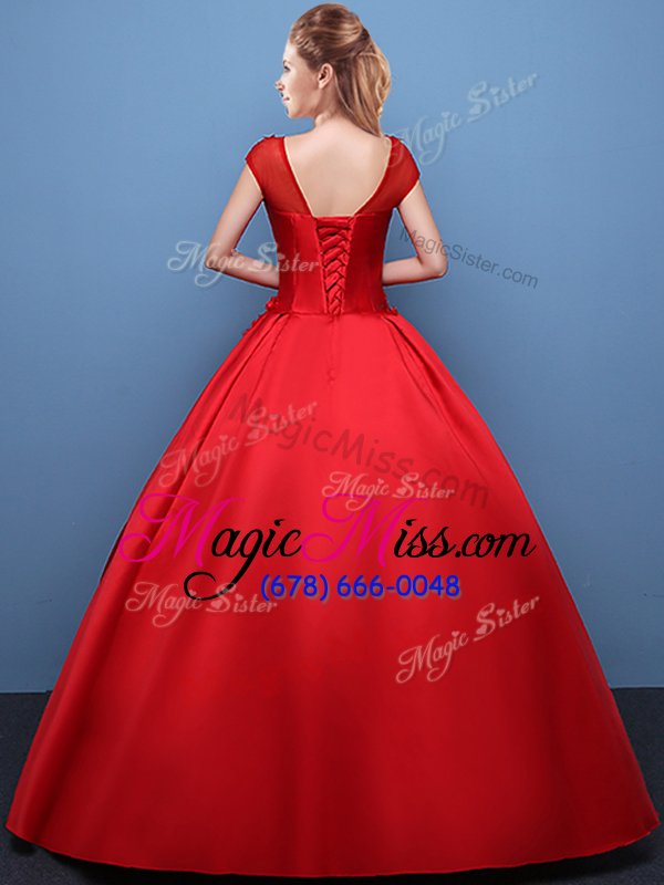 wholesale scoop cap sleeves floor length lace up ball gown prom dress red and in for military ball and sweet 16 and quinceanera with appliques