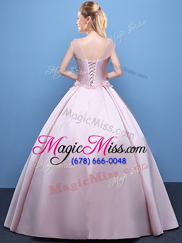 wholesale custom made satin scoop cap sleeves lace up appliques sweet 16 quinceanera dress in pink