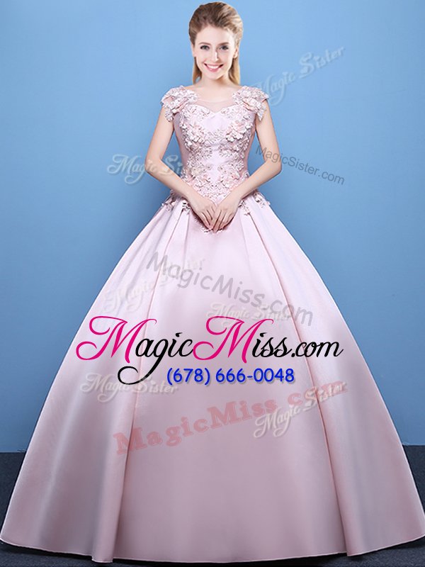 wholesale custom made satin scoop cap sleeves lace up appliques sweet 16 quinceanera dress in pink