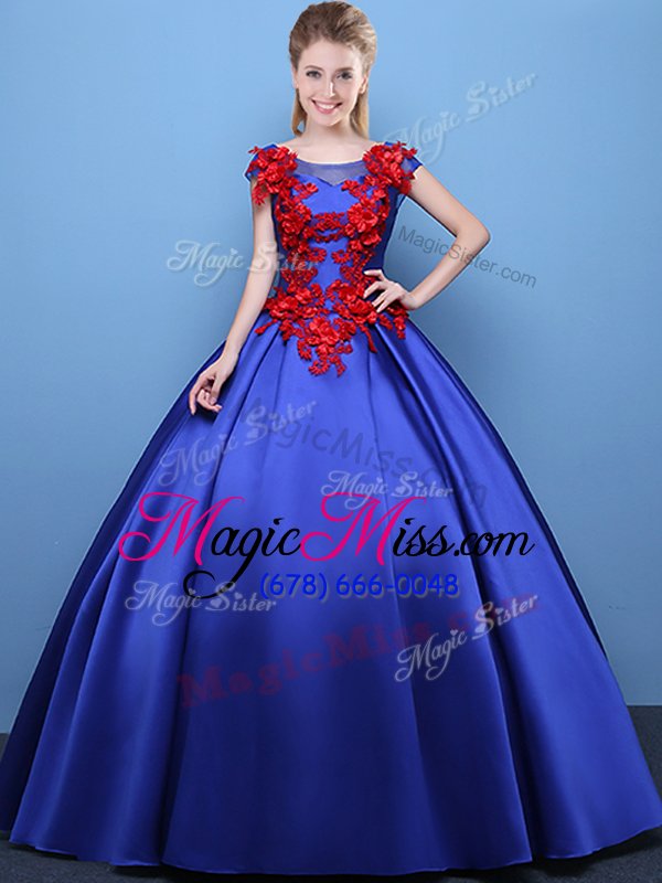 wholesale dazzling scoop royal blue satin lace up 15th birthday dress cap sleeves floor length appliques