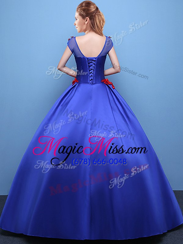 wholesale dazzling scoop royal blue satin lace up 15th birthday dress cap sleeves floor length appliques