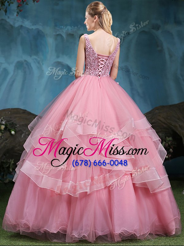 wholesale on sale baby pink ball gowns scoop sleeveless tulle floor length lace up lace and appliques and ruffles quince ball gowns