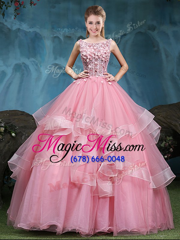 wholesale on sale baby pink ball gowns scoop sleeveless tulle floor length lace up lace and appliques and ruffles quince ball gowns