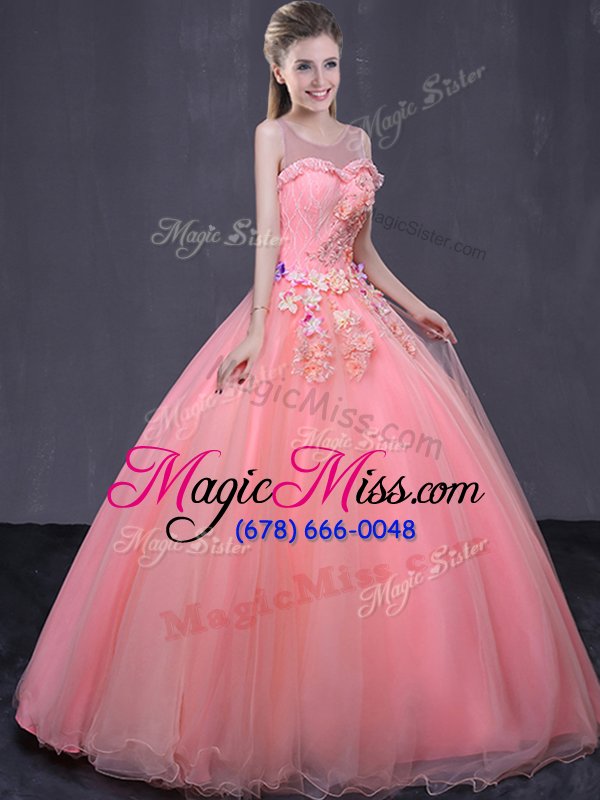 wholesale best scoop floor length watermelon red quinceanera dress tulle sleeveless beading and appliques