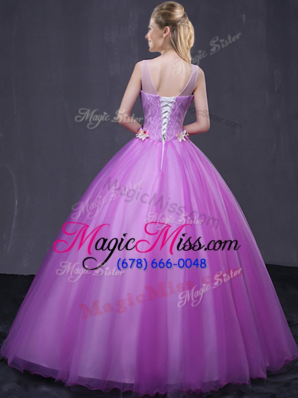 wholesale scoop sleeveless 15 quinceanera dress floor length beading and appliques lilac tulle