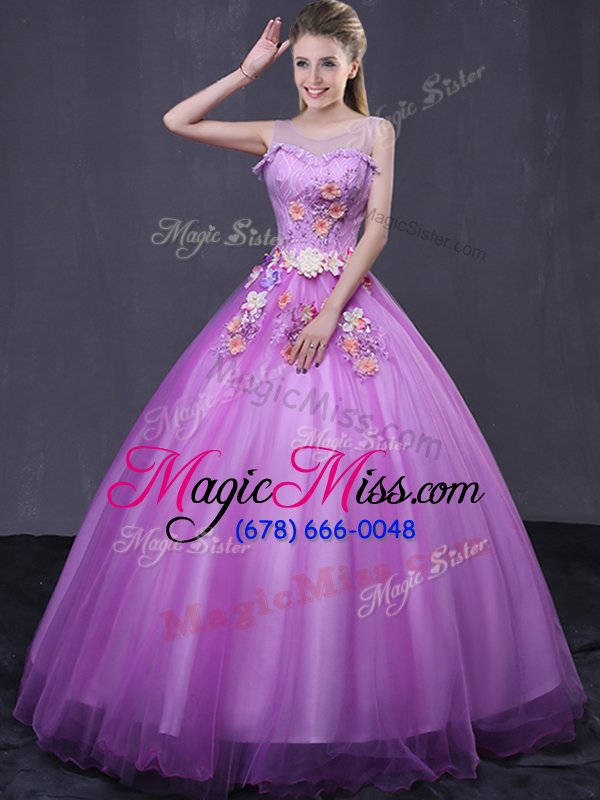 wholesale scoop sleeveless 15 quinceanera dress floor length beading and appliques lilac tulle