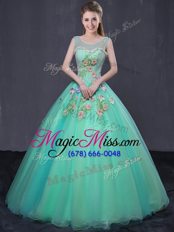 wholesale fantastic turquoise organza lace up scoop sleeveless floor length ball gown prom dress beading and appliques