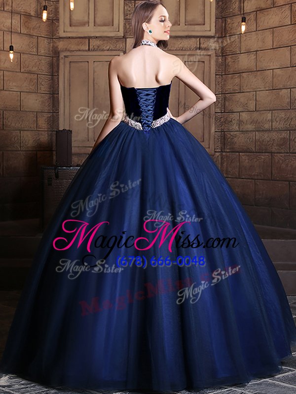 wholesale adorable halter top navy blue sleeveless floor length beading lace up 15 quinceanera dress