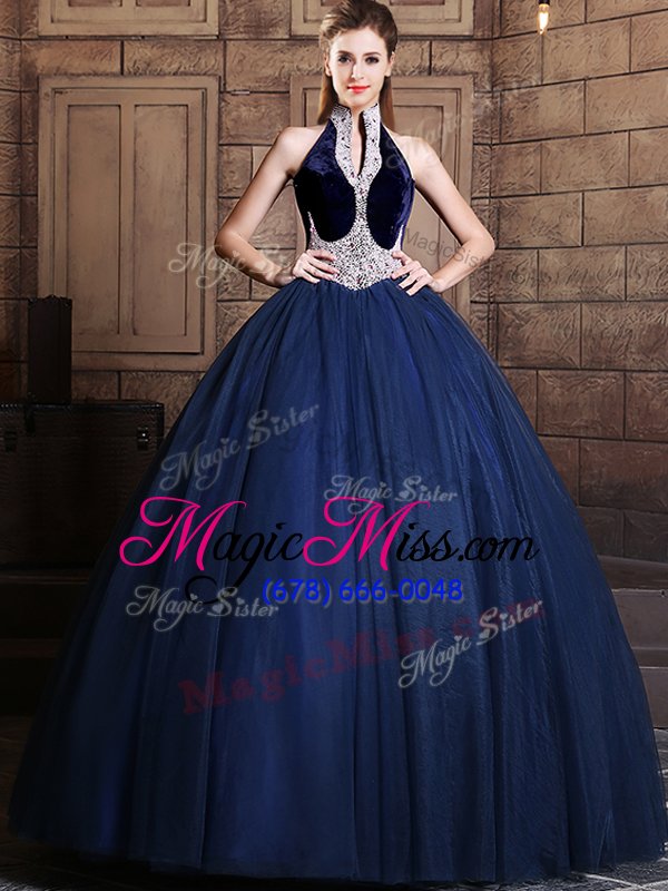 wholesale adorable halter top navy blue sleeveless floor length beading lace up 15 quinceanera dress