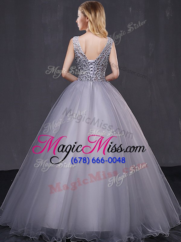wholesale modern floor length grey quince ball gowns sleeveless lace up