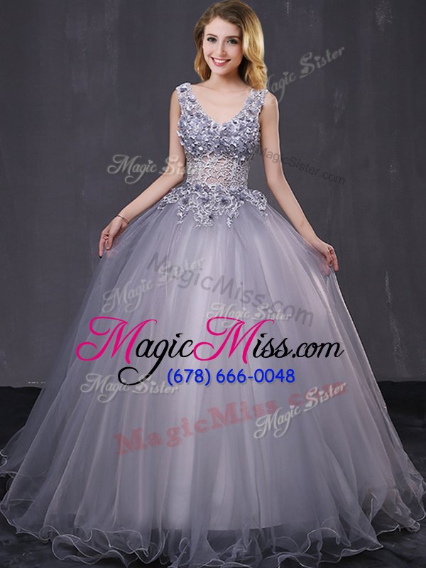 wholesale modern floor length grey quince ball gowns sleeveless lace up