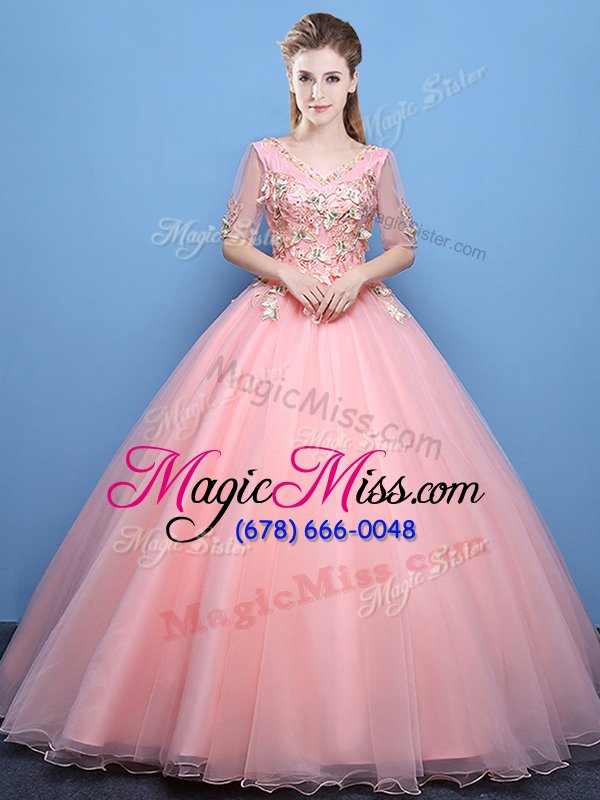 wholesale latest baby pink quinceanera dresses military ball and sweet 16 and quinceanera and for with appliques v-neck half sleeves lace up