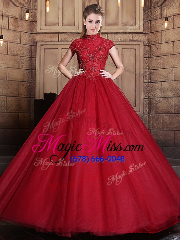 wholesale decent floor length wine red quinceanera dress tulle short sleeves appliques