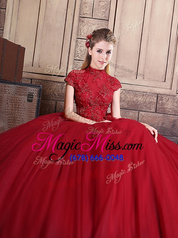 wholesale decent floor length wine red quinceanera dress tulle short sleeves appliques