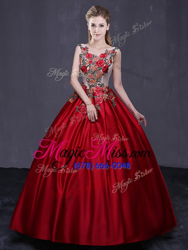 wholesale high end wine red ball gowns scoop sleeveless satin floor length lace up appliques ball gown prom dress
