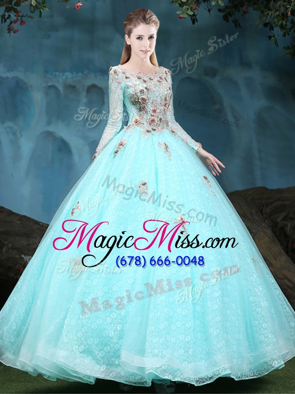 wholesale modern scoop long sleeves floor length appliques lace up quinceanera dress with apple green