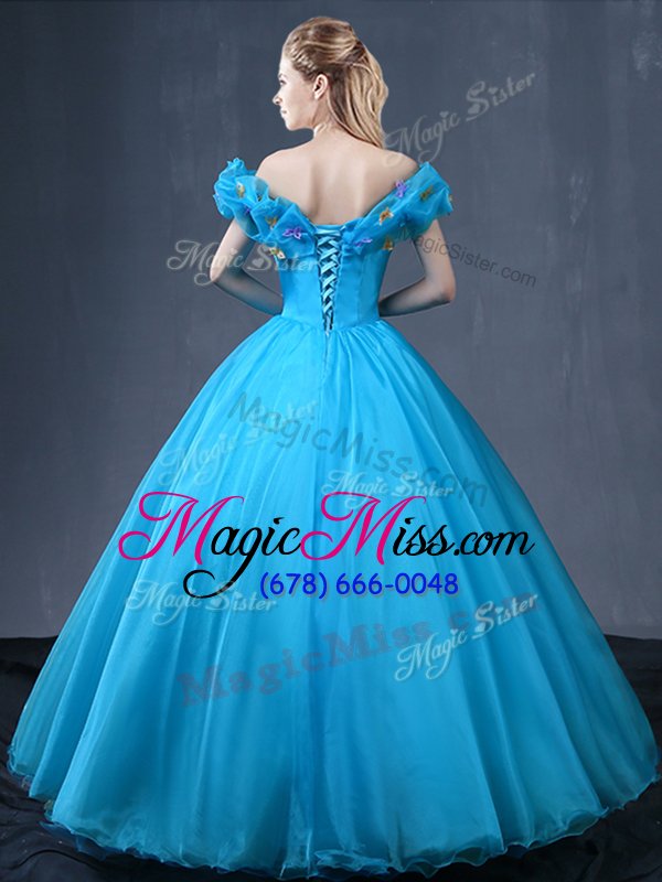 wholesale nice off the shoulder cap sleeves lace up floor length appliques quinceanera dresses