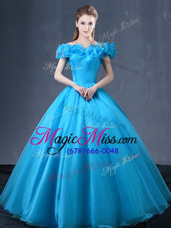 wholesale nice off the shoulder cap sleeves lace up floor length appliques quinceanera dresses