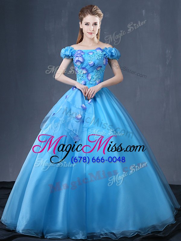 wholesale modest ball gowns ball gown prom dress baby blue off the shoulder organza short sleeves floor length lace up