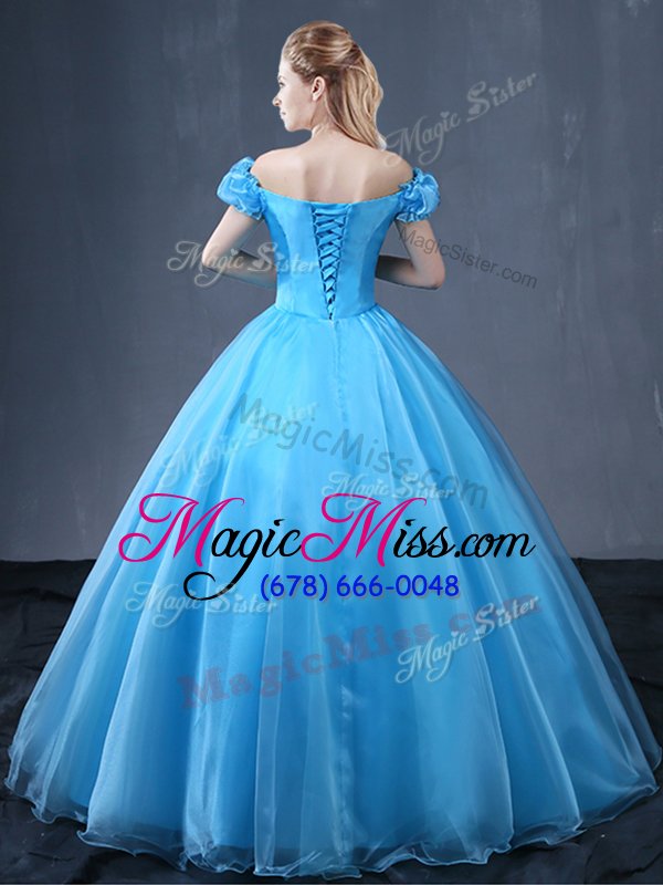 wholesale modest ball gowns ball gown prom dress baby blue off the shoulder organza short sleeves floor length lace up