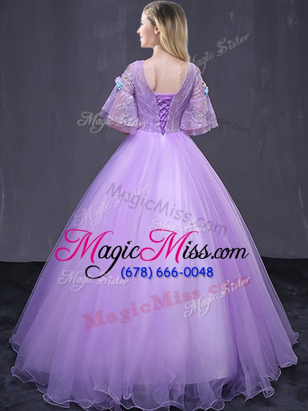 wholesale enchanting scoop floor length ball gowns half sleeves lavender 15th birthday dress lace up