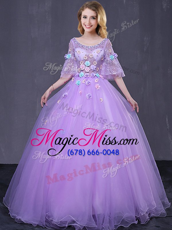 wholesale enchanting scoop floor length ball gowns half sleeves lavender 15th birthday dress lace up