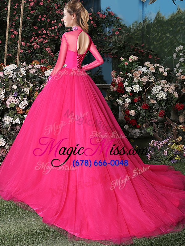 wholesale best selling coral red ball gowns high-neck long sleeves tulle with brush train lace up appliques 15th birthday dress