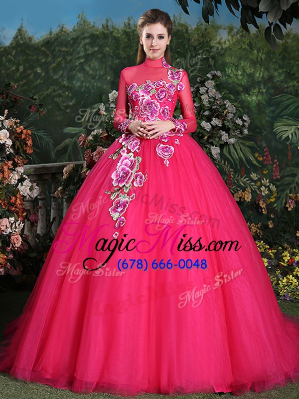 wholesale best selling coral red ball gowns high-neck long sleeves tulle with brush train lace up appliques 15th birthday dress