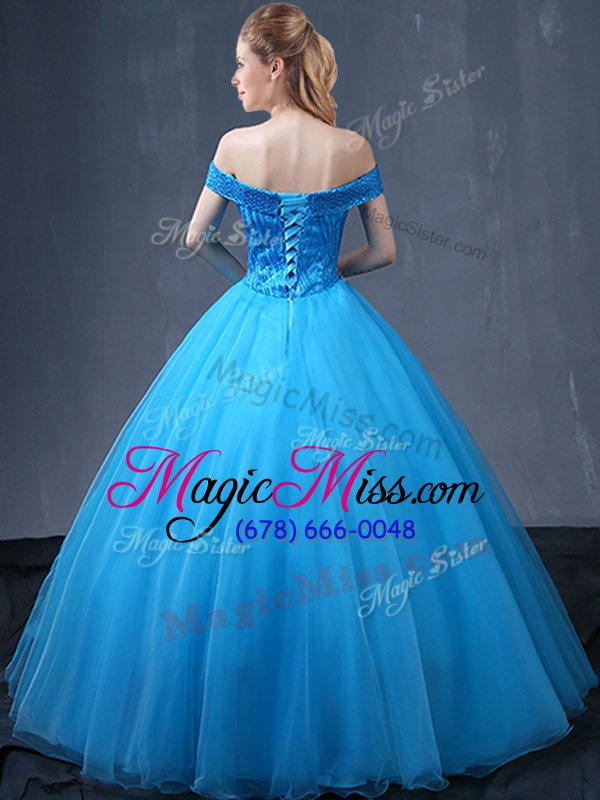 wholesale cute off the shoulder sleeveless lace up quinceanera gowns baby blue tulle