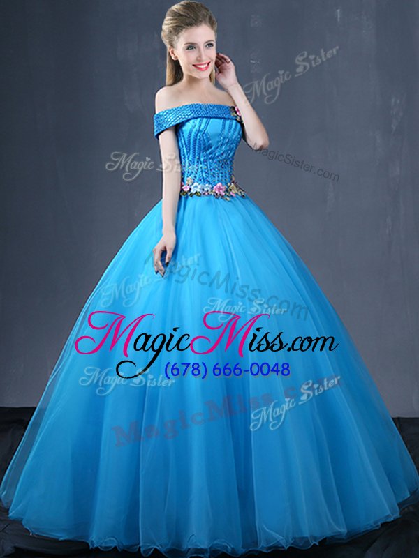 wholesale cute off the shoulder sleeveless lace up quinceanera gowns baby blue tulle
