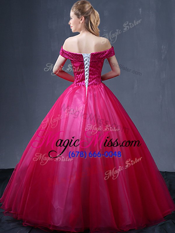 wholesale wonderful fuchsia off the shoulder lace up beading and appliques sweet 16 dresses sleeveless